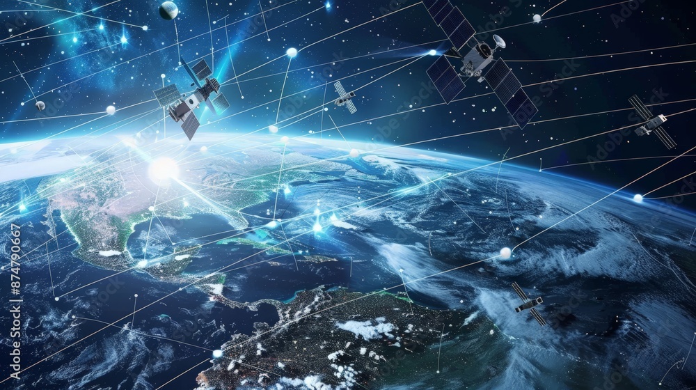 Poster an array of satellites orbiting the earth, illustrating the global connectivity enabled by space tec