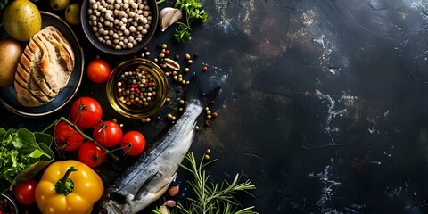 Healthy Mediterranean Diet Foods Flat Lay on Dark Background with Copy Space. Concept Healthy Eating, Mediterranean Diet, Food Photography, Flat Lay, Copy Space