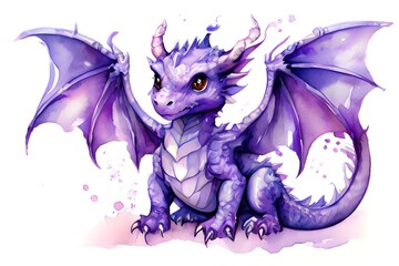 Cute purple dragon, watercolor painting