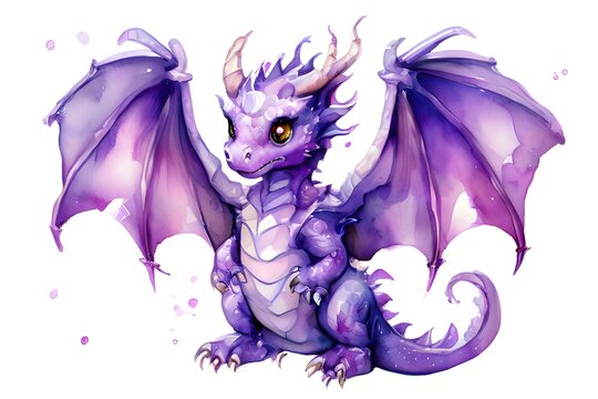 Cute purple dragon, watercolor painting