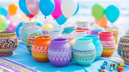 Cultural summer beach party with traditional balloons and ethnic music, diverse and inclusive, Summer party background, cultural beach