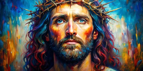 Vibrant abstract portrait of Christ in a crown of thorns, set against a bold, textured impasto background, perfect for Easter and Good Friday celebrations with copy space.