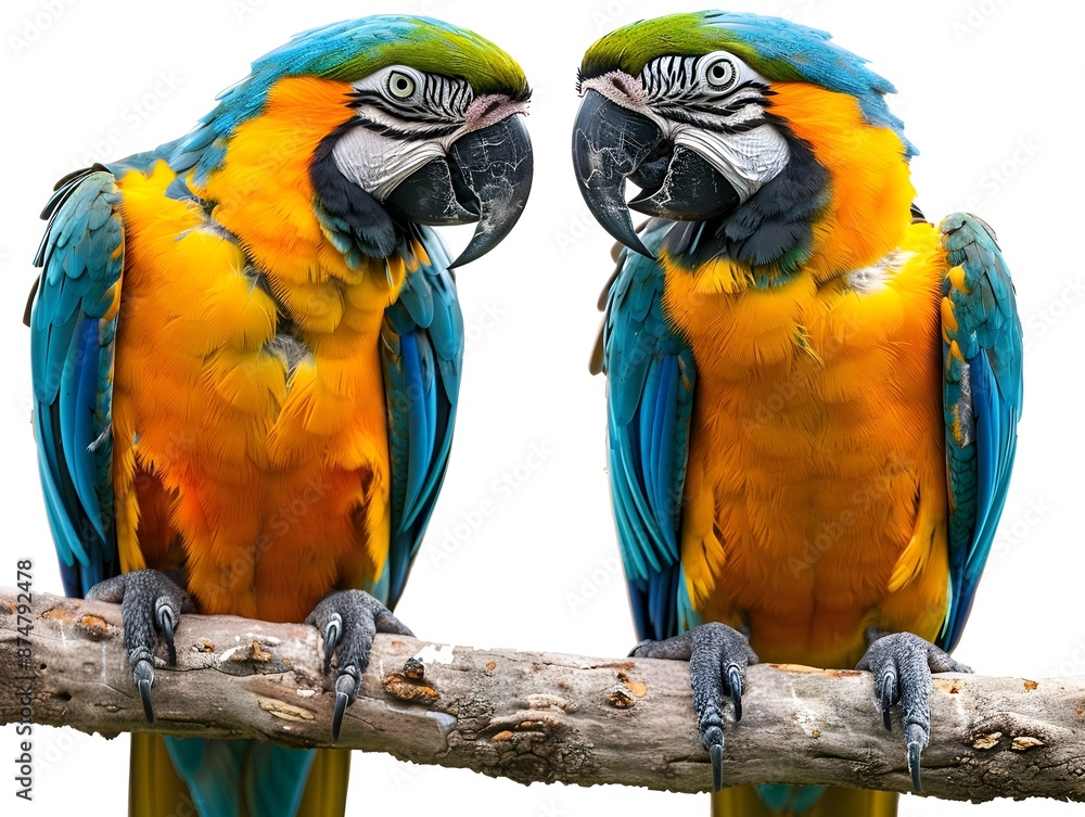 Poster vibrant parrot pair on branch with playful interaction isolated on white background