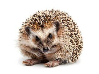 Obraz premium Detailed Curled Up Hedgehog on White Background Showcasing Its Spiny Coat
