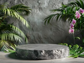 Round gray stone cosmetics product advertising podium stand with tropical leaves background. Empty natural stone pedestal platform to display beauty product. Mockup