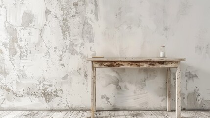 White wall with rustic modern table, the table is leaning against the wall where it could be used as display table for product, photo realistic, with luxury feeling to it.