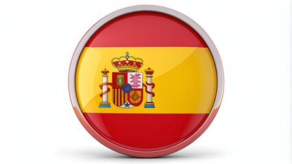 Fototapeta premium Colorful round icon featuring the red and yellow flag of Spain, waving gently in the wind, on a clean white background with subtle shadow effects.