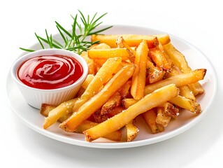 Crispy French Fries With Ketchup Dip On White Plate Isolated Background Concept For Fast Food Snack Or Appetizer