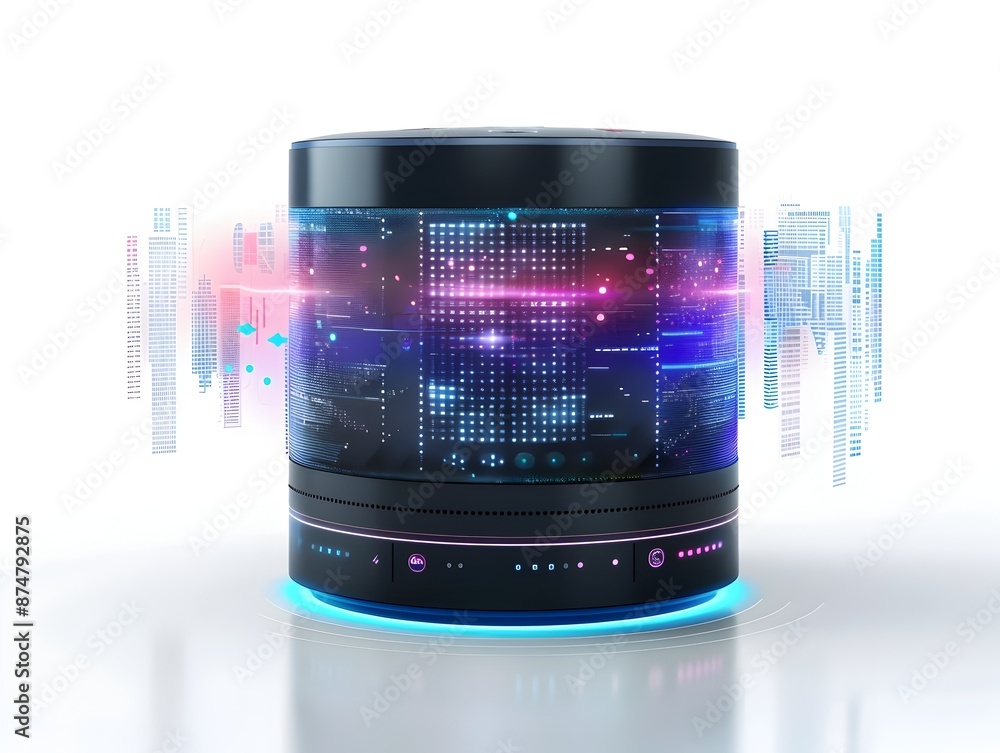 Poster futuristic smart speaker with holographic voice command interface representing audio technology