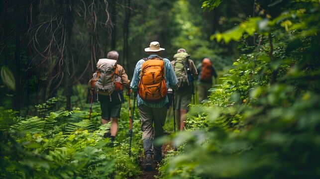 Retirees Hiking Along Scenic Forest Trail With Backpacks and Walking Sticks