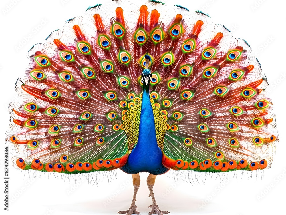 Poster vibrant peacock with fanned tail feathers displaying colorful patterns on white background