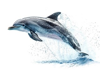 Playful Dolphin Leaping Out of the Water with Frozen Droplets on White Background