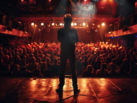 View from behind of a man performing on stage with a large audience, singer and stand up theme.