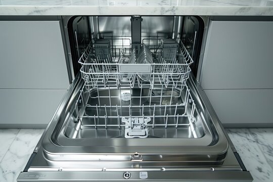 Clean empty stainless-steel dishwasher interior view.