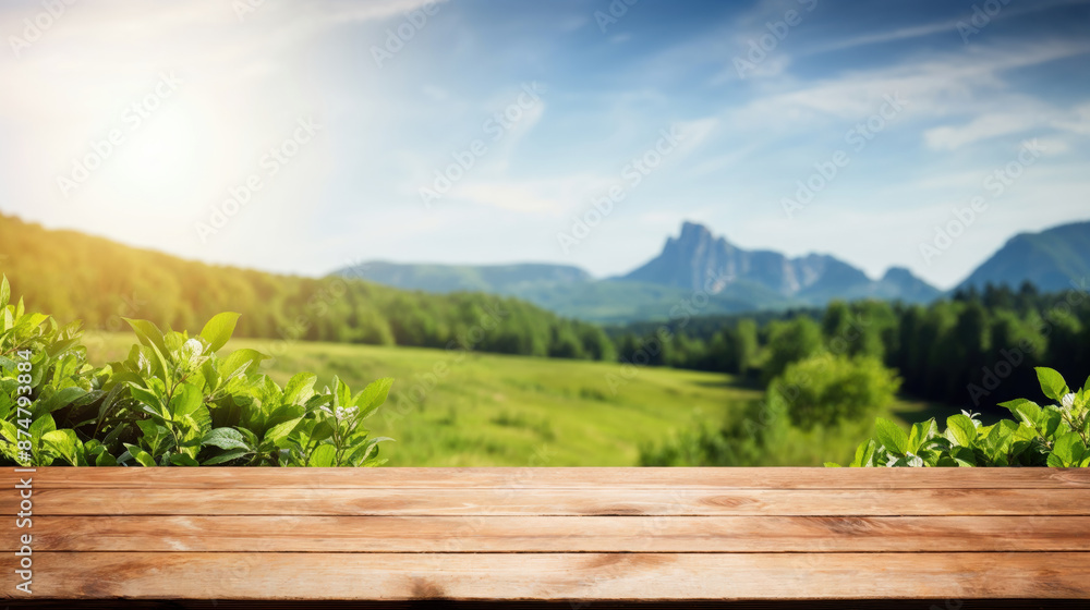 Aufkleber empty wooden tabletop with blurred mountain scenery in the background, ideal for displaying your pro