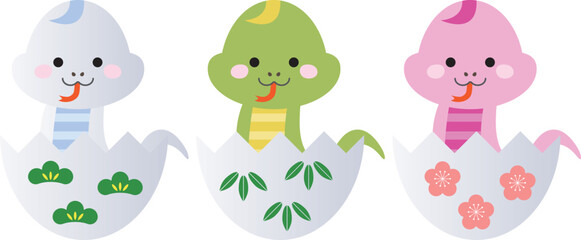 松竹梅の卵から顔を出して笑う三匹のかわいいカラフルなヘビ