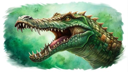 Fototapeta premium Powerful scaly jaws of a large saltwater crocodile with sharp teeth and piercing gaze, set against a blurred naturalistic green background, exuding ancient predator aura.