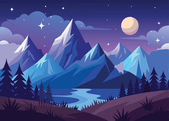 Fototapeta premium Moon shining over snowy mountains and lake at night illustration