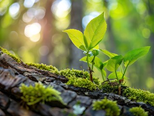 Close-up of fresh green leaves sprouting from tree bark, symbolizing new growth and nature's resilience, with vibrant moss and a blurred natural background, perfect for themes of renewal, environment,