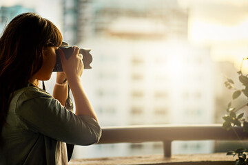 Balcony, outdoor and woman photographer for photography on holiday travel in Australia for...