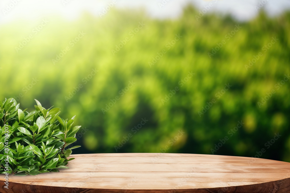 Poster round wooden table top with empty space and green bush on blurred nature background, perfect for pro