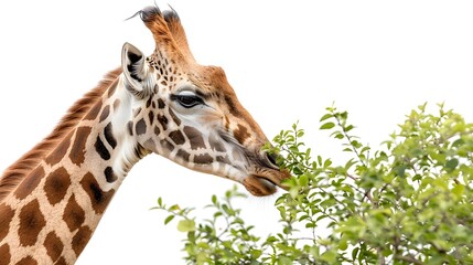 Fototapeta premium A majestic giraffe gracefully eating leaves from a tall tree against a white background