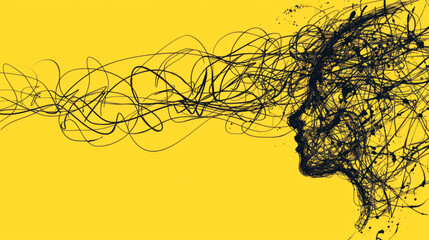 A focal point with lines diverging in different directions against a yellow background represents mental health complexity.