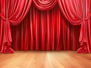 Fototapeta premium Red stage curtain and wooden floor realistic vector. Theater, opera scene drape backdrop, concert grand opening or cinema premiere backstage, portiere for ceremony performance template 3d illustration