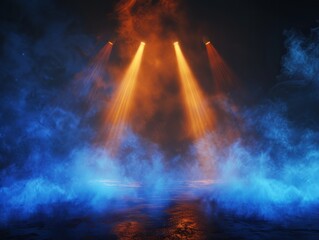 Stage and blue and orange smoke night lightning in fog searchlight beams, Generative AI