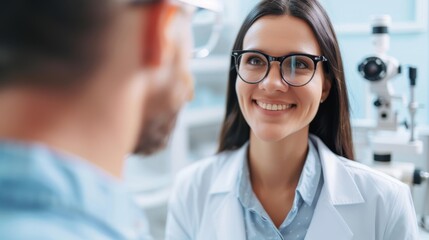 Fototapeta premium Modern Optometrist Consultation on Myopia Control in Bright Clinic Setting, Focus on Eye Health Education