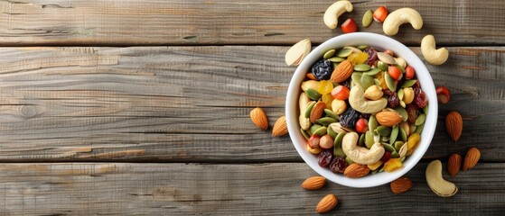 Fototapeta premium Nutritious Snack Bowl - Assorted Nuts, Seeds, and Dried Fruits on Wooden Table for Healthy Eating Concept. Perfect for Natural Light Food Photography with Copy Space.