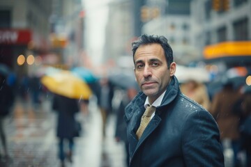 Obraz premium A businessman in a dark coat stands confidently in a bustling city square, amidst a crowd of people enjoying the rain