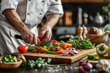 A chef, wearing a white uniform, chops vegetables on a wooden cutting board in a kitchen setting