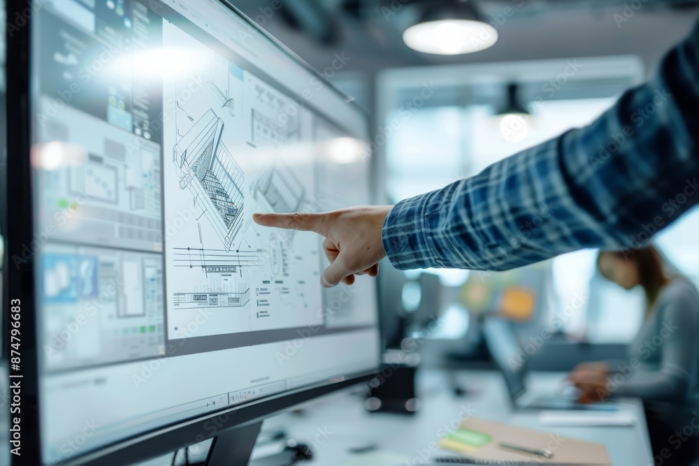 Poster an architectural designer points out details on a computer screen while reviewing plans in an office