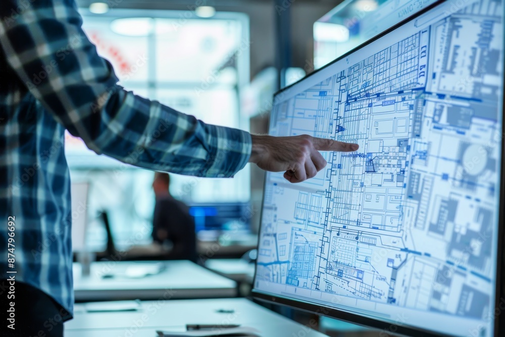 Poster a close-up shot of an architectural designer's hand pointing to specific details on a blueprint disp