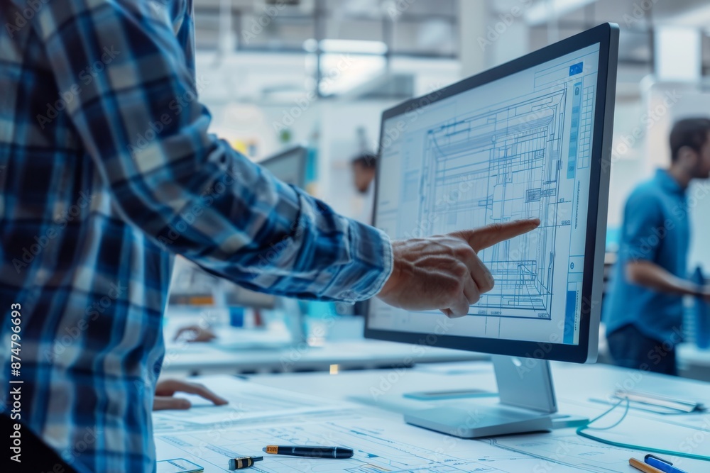 Poster an architectural designer in a modern office setting points to specific details on a computer screen