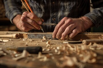 A woodworker carefully measures and marks a piece of timber with a pencil and a ruler, surrounded by wood shavings and tools