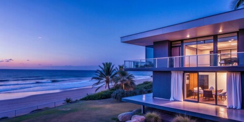 Fototapeta premium Modern Beach House with Ocean View at Dusk