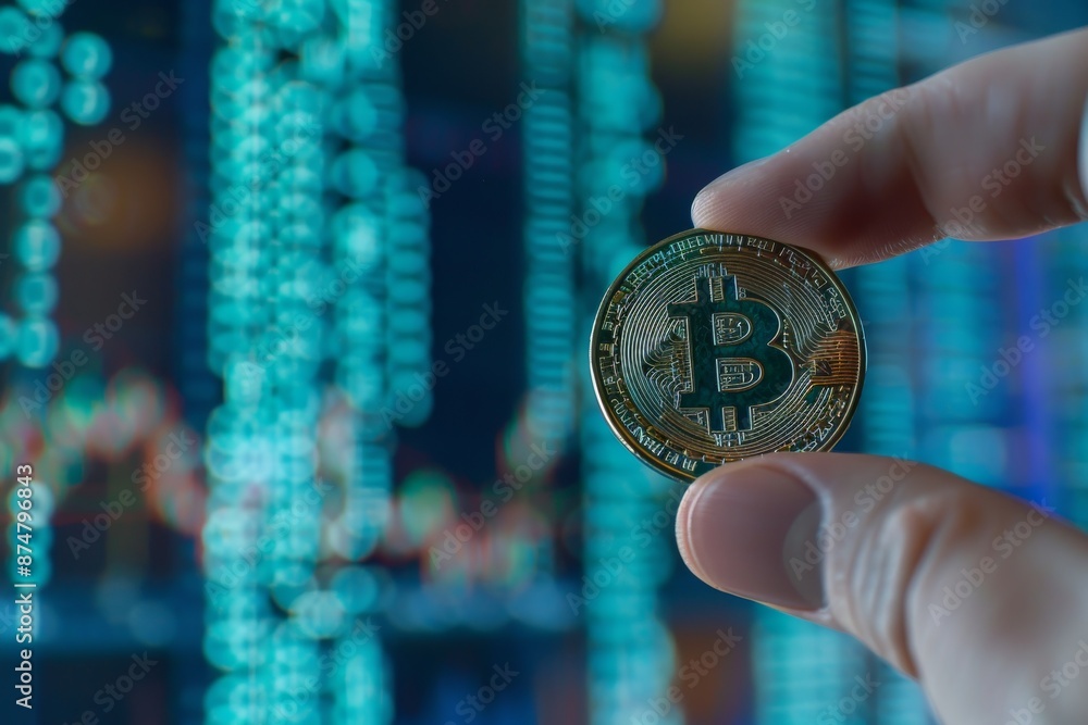 Poster a hand holding a physical bitcoin coin with a digital display in background, showcasing the fusion o