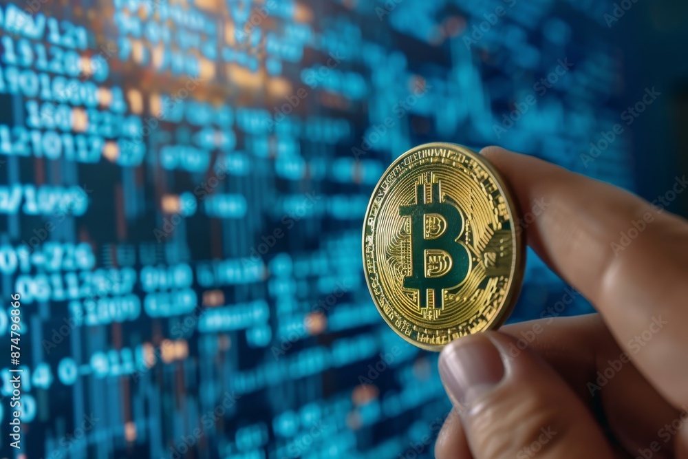 Poster a hand holds a physical bitcoin coin in front of a blurred background featuring blue digital code, r