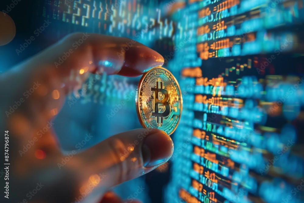 Poster a hand holds a physical bitcoin coin, the coin's detail in focus while the background displays lines