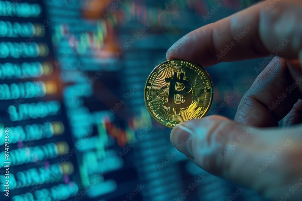 Poster a hand holds a physical bitcoin coin in front of a blurred screen displaying digital data, possibly 