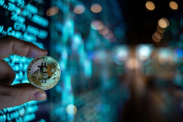A close-up shot of a hand holding a physical Bitcoin coin against a blurred background of blue lights and an out-of-focus digital display