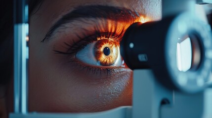 Realistic photograph of ophthalmologist conducting visual field test on patient, close-ups of testing equipment and patient's eye.
