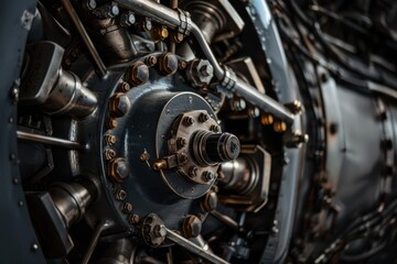 A detailed close-up of a vintage aircraft engine reveals intricate mechanical parts, including gears and pistons, showcasing the complexity of its design
