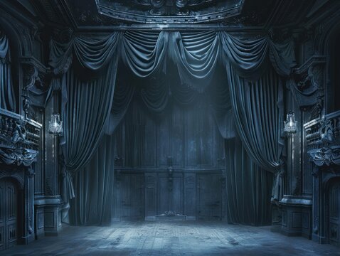 Grimdark stage curtains, downstage and main valance of theatre