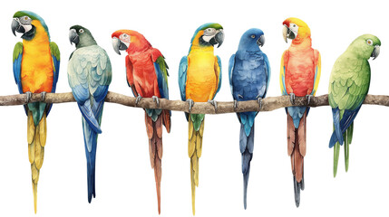 A group of colorful parrots are sitting on a branch isolated on a white background