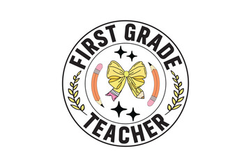 Teacher Fifth Grade Coquette Pencil Bow Design, Teacher School Kindergarten Groovy Retro T-shirt Designs