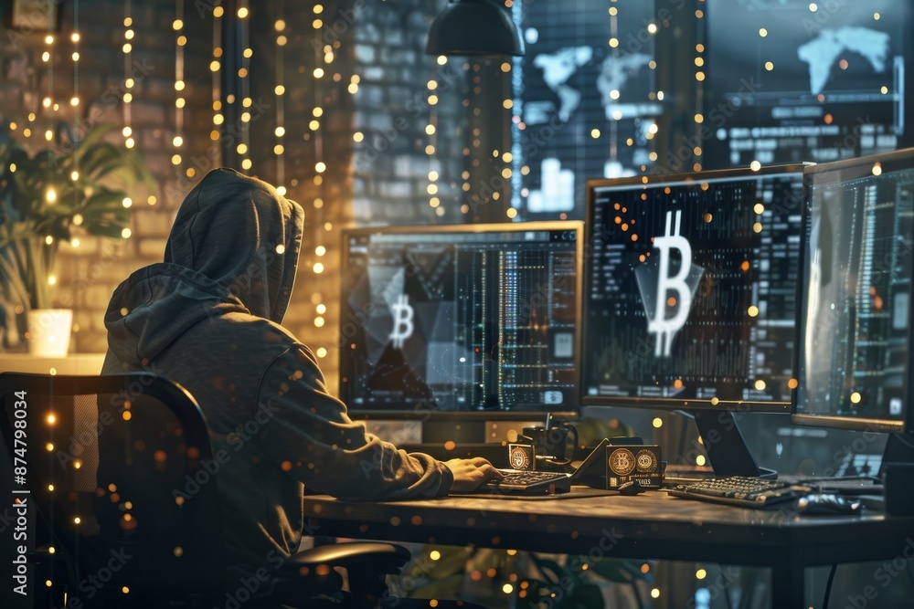 Aufkleber a person wearing a hoodie sits at a desk in front of several computer screens displaying bitcoin dat