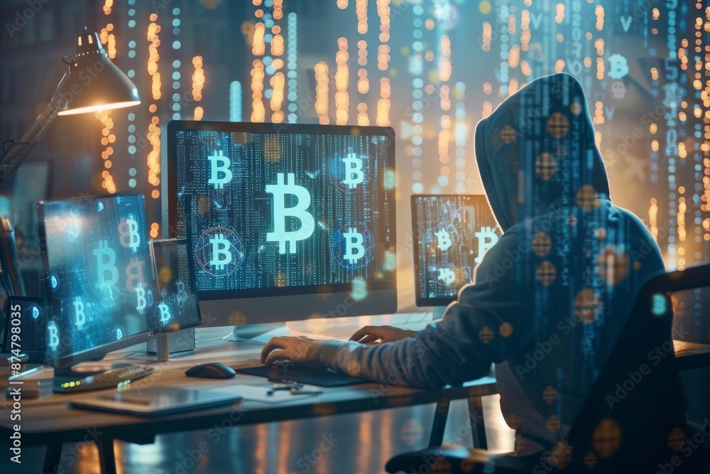 Poster hooded person at a desk works on computers with bitcoin symbols. their face is hidden in dim lightin